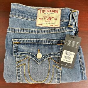 True Religion Ricky Big T Flap Straight Jeans 36 x34 Orange Stitch MSRP $199 NWT